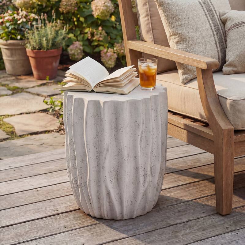 Christopher Knight Home - Ames 18.11"H Outdoor Modern Drum Shape MGO Side Table with Ribbed Surface Textured, Fully Assembled - Antique Grey
