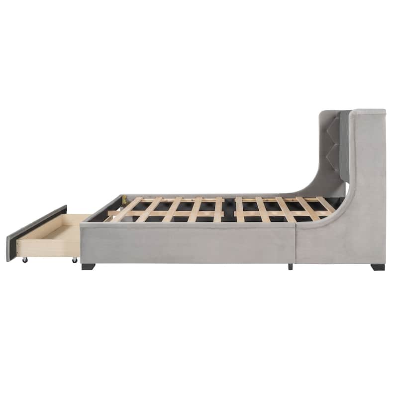 Queen Upholstered Platform Bed with Wingback Headboard and Drawer