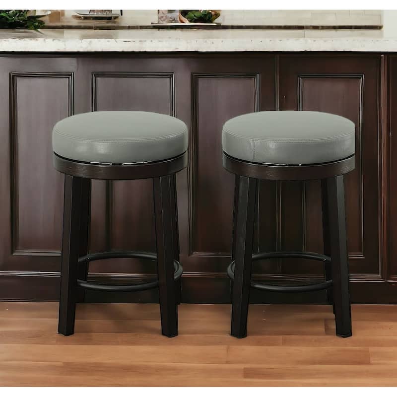 HomeRoots Set of Two 24" Gray And Espresso Faux Leather And Solid Wood Swivel Backless Counter Height Bar Chairs - Counter Height - Set of 2 - Gray