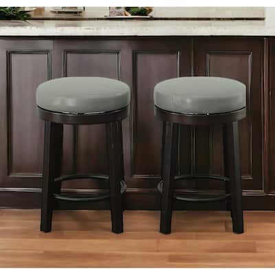 HomeRoots Set of Two 24" Gray And Espresso Faux Leather And Solid Wood Swivel Backless Counter Height Bar Chairs