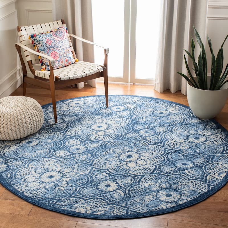 Martha Stewart by SAFAVIEH Faigel Traditional Rug - 4' Round - Navy/Creme