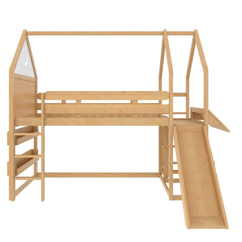 Roomfitters House Loft Bed with Slide and Bookshelf, Star Moon Roof Design
