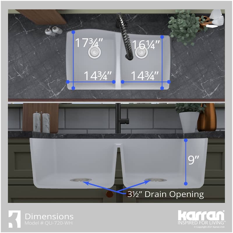 Karran USA QU-720-PK1 Quartz QU 33-1/2" Undermount Double Basin Quartz
