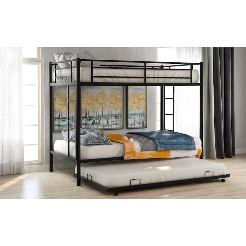 Twin over Twin Size Metal Bunk Bed with Trundle, Ladder and Fence for Bedroom