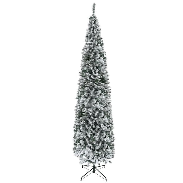 Indoor Holiday Decor,9ft Flocked Christmas Tree, Pencil Artificial Xmas Tree with Faux Snow - Green