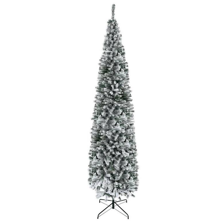 Slim Flocked Artificial Christmas Tree - Faux Snow, Pencil Shape, Indoor Holiday Decor - Green