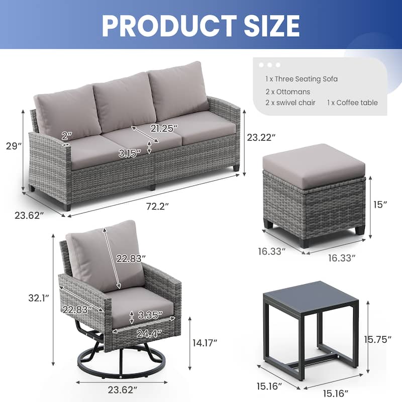 6-Piece Wicker Patio Conversation Set with Swivel Chairs