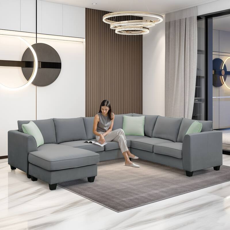 112" Fabric Modular Sectional Sofa with Ottoman & 3 Pillows (7-Piece Set) - Grey