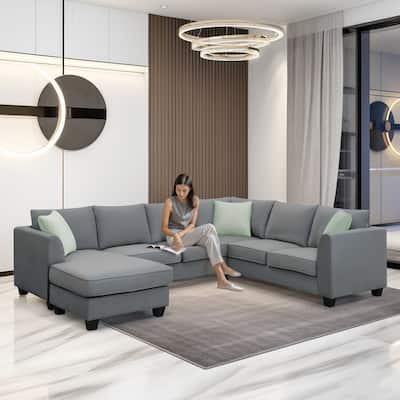 Grey 112'' Spacious L-Shaped 7-Seat Modular Sectional Sofa with Ottoman and 3 Pillows, Sturdy Wood and Metal Frame