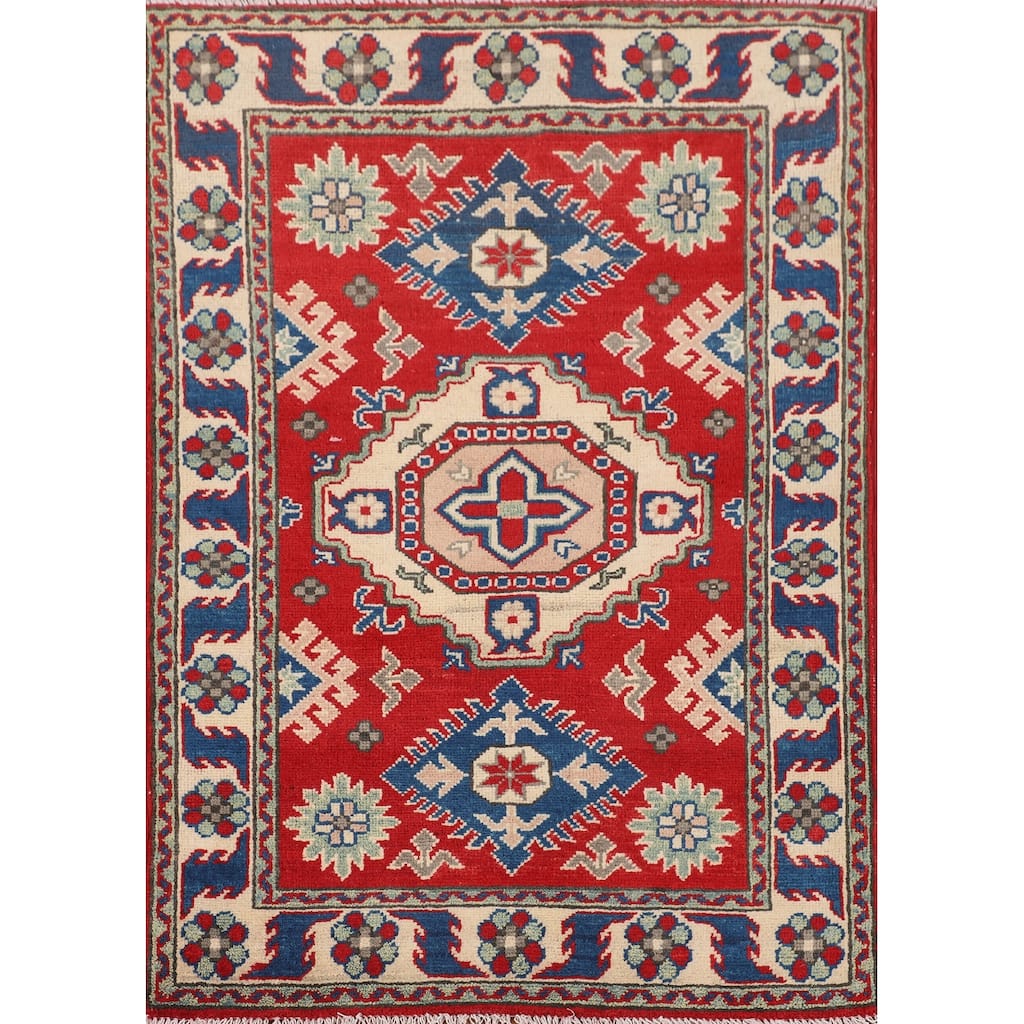 Oriental Kazak Accent Rug Hand-Knotted Geometric Red Wool Carpet - 2'10" x 3'11"