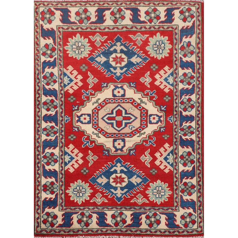 Oriental Kazak Accent Rug Hand-Knotted Geometric Red Wool Carpet - 2'10" x 3'11"