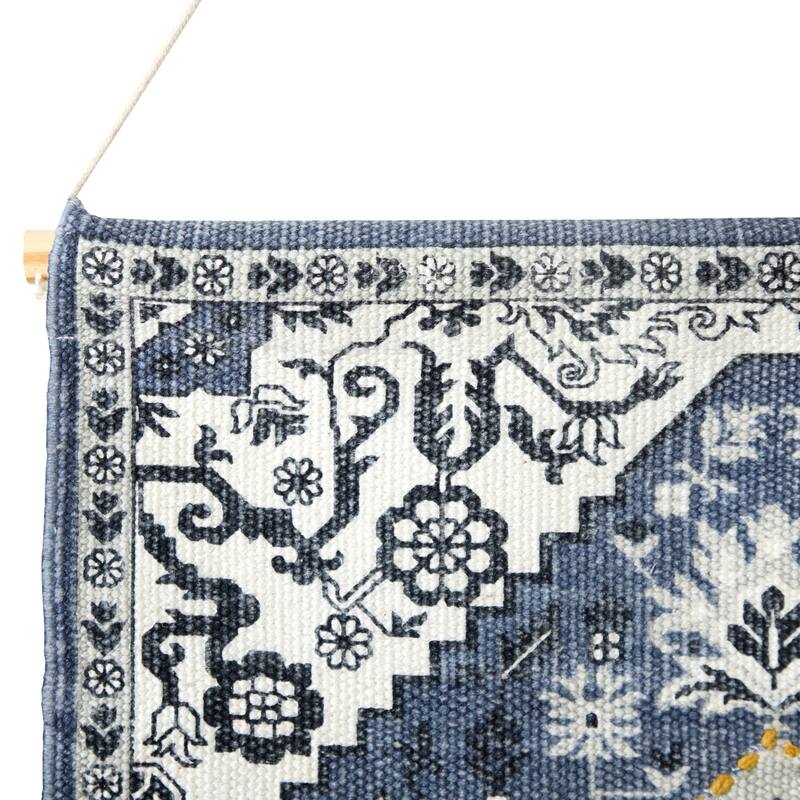 Sevita Blue and White Floral Woven Wall Hanging with Macrame Fringe - 25.5" x 49"