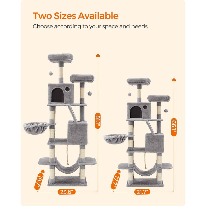 Cat Tree, 66.1-Inch Large Cat Tower with 13 Scratching Posts, 2 Perches, 2 Caves, Basket, Hammock, Pompoms