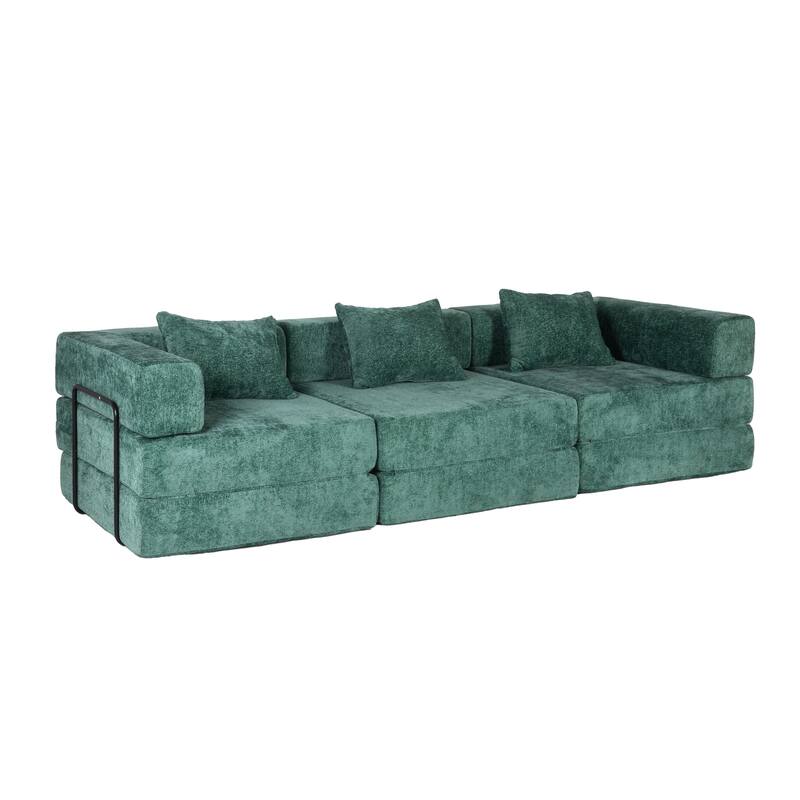 Free Combination Lazy Folding Sectional Sofa Chenille Modular Sleeper Sofa Bed Floor Standing Compression Mattress