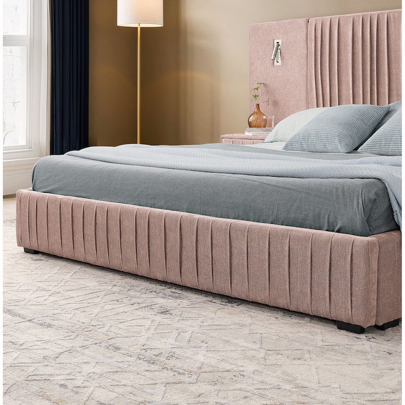 Chenille Upholstered Pleated Platform Bed Frame Wingback Headboard with Side Tables and Adjustable Lamps