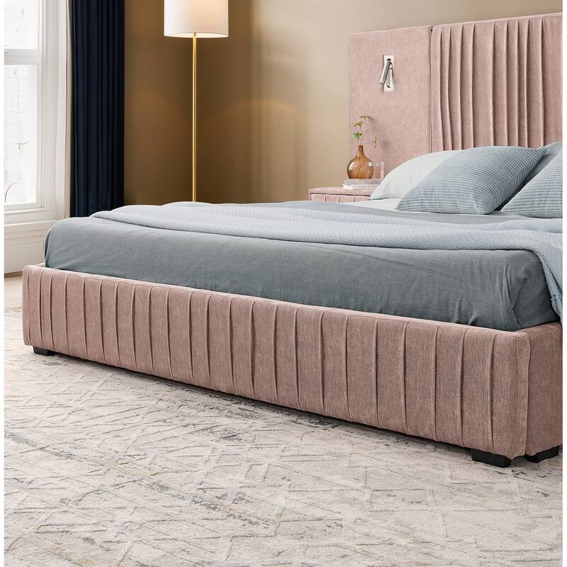Pleating Upholstered Bed Platform Bed Frame with Enlarged Widened Headboard and Integrated Bedside Table Adjustable Bedside Lamp