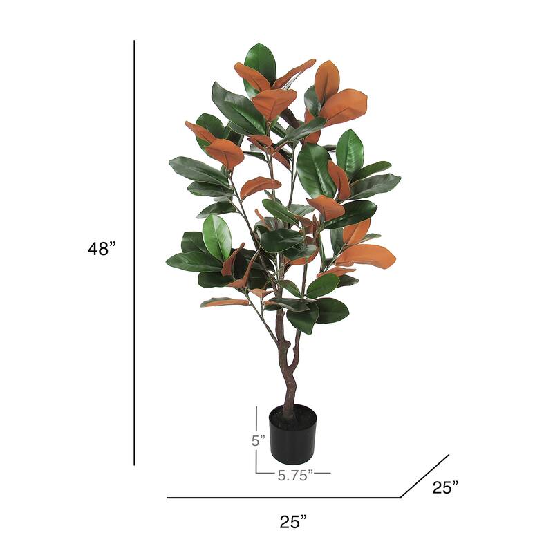 4ft Green Brown Artificial Magnolia Leaf Tree Plant in Black Pot - 48" H x 25" W x 25" DP