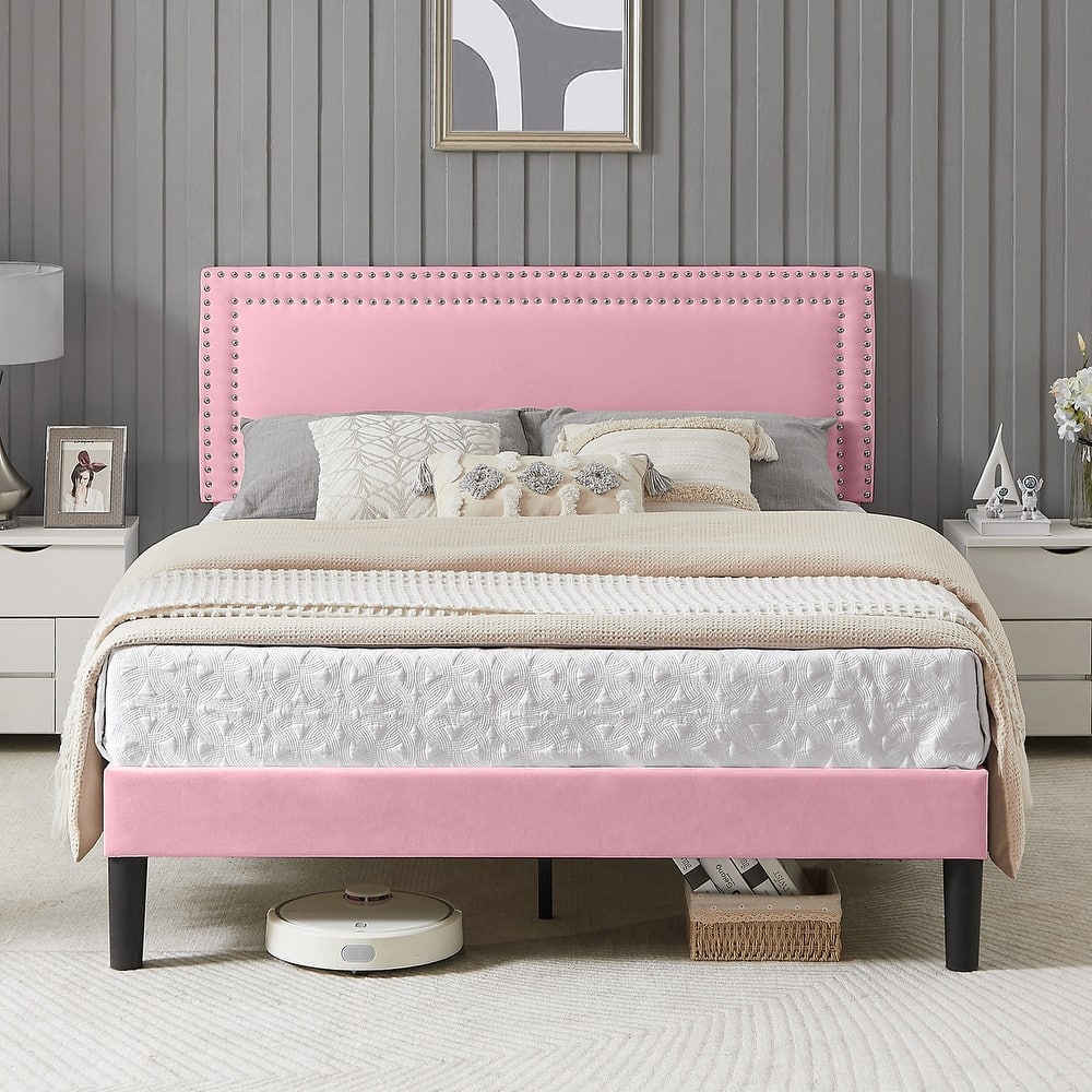 Bed Frame with Adjustable Height Headboard, Twin/Full/Queen Size Beds, Pink