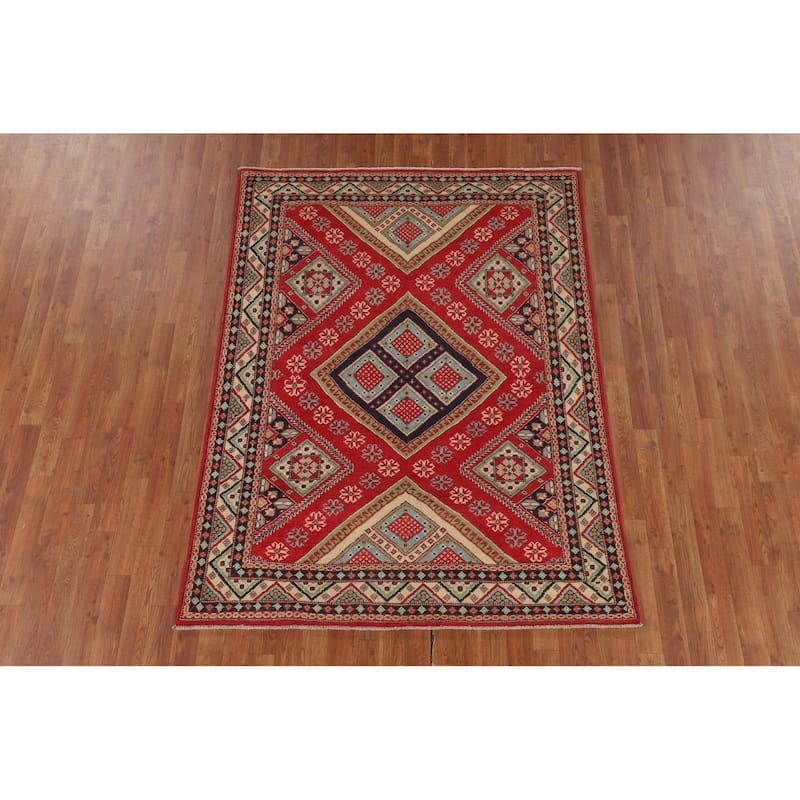 Geometric Kazak Area Rug Hand-Knotted Oriental Wool Carpet - 4'10" x 6'6"