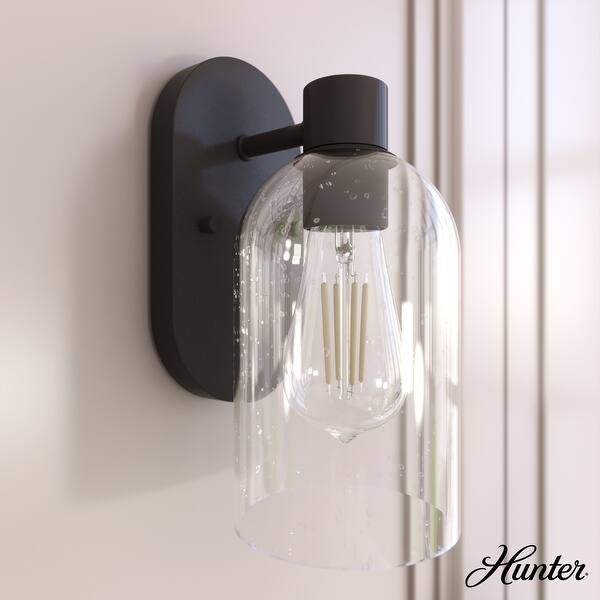 slide 2 of 20, Hunter Lochemeade 1 Light Wall Sconce, Damp Rated - Bathroom, Hallway, Bedroom - Modern Farmhouse, Contemporary, Industrial Noble Bronze-Clear Seeded Glass