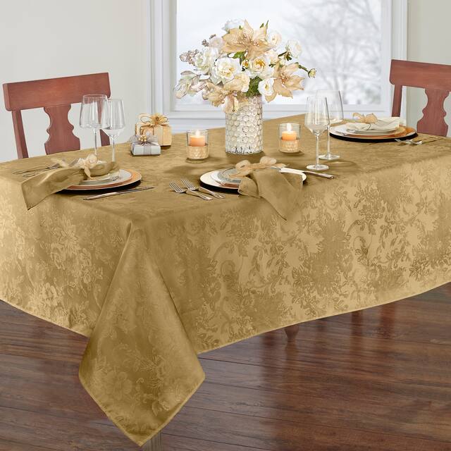 Porch & Den Prahl Jacquard Poinsettia Tablecloth - 60x84 Oval - Gold