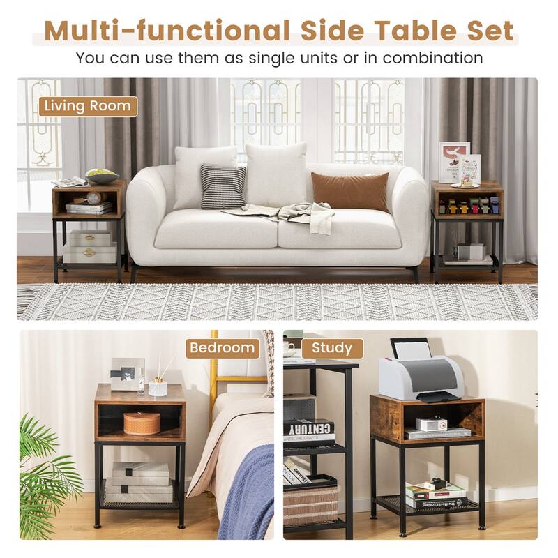 2 PCS 3-tier Wood Top End Table w/ Metal Frame Storage Cube & Mesh - See Details