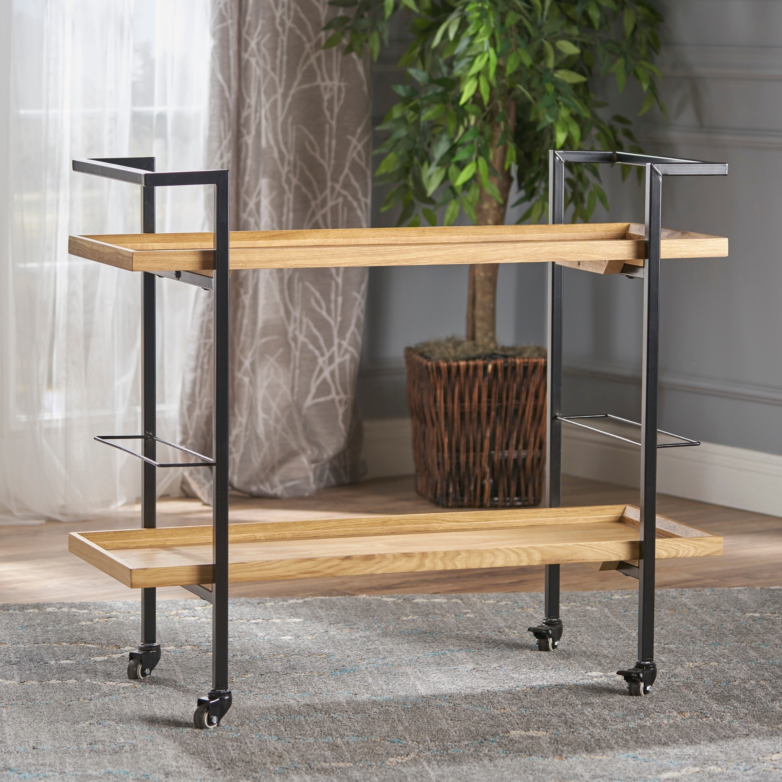 Gerard Modern Industrial 2-Tier Wood Bar Cart with Wheels by Christopher Knight Home - 38.00" W x 16.10" D x 33.00" H