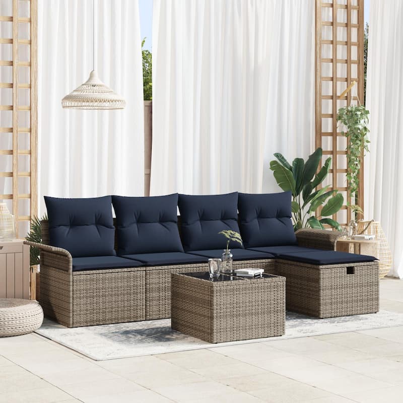 vidaXL 5/6 Piece Garden Sofa Set with Cushions - 98.8×46.1×27.2 - Grey and Navy Blue-with table
