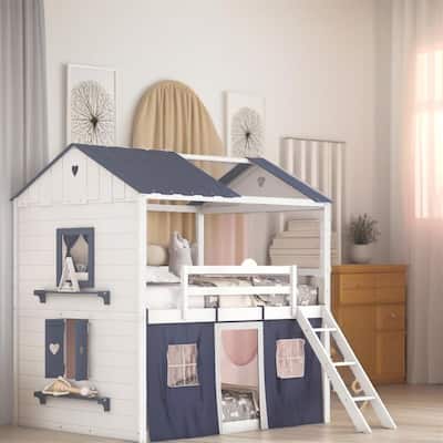 Full Size Bunk Wood House Bed with Elegant Windows,Sills and Tent