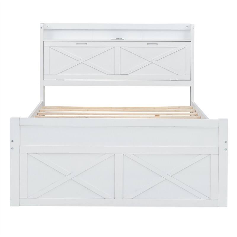 Wooden Platform Bed with Twin Size Trundle and 2 Drawers Underneath, Twin/Full Size Bed Frame with Storage Headboard and Outlets