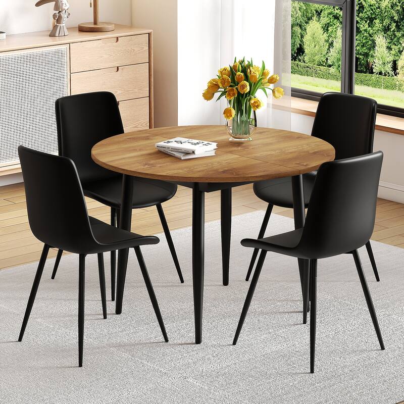 Wood Kitchen Table Set with 4 Chairs, 5-Piece Round Dining Set with Extendable Dining Table for Dining Room