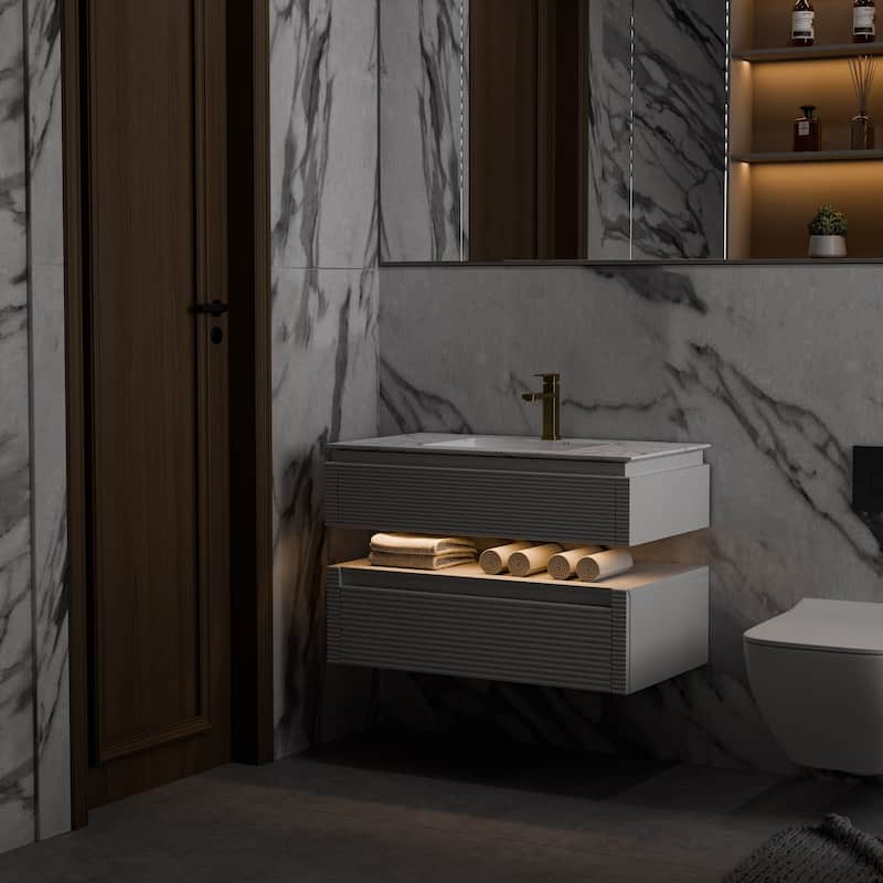 Modland 36" Modern Wall-Mounted Bathroom Vanity with Engineered Stone Countertop & Ceramic Undermount Sink