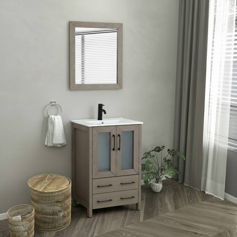 Vanity Art 24-Inch Single Sink Bathroom Vanity Set 2 Drawers, 1 Cabinet, 1 Shelf, Soft-Closing Doors with Free Mirror
