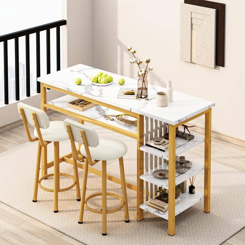 3-Piece Dining Room Table Set with 2 Upholstered Bar Stools, Modern Farmhouse Bar Table Set for 2 with Multiple Tier Shelves - Marble White/Gold/White PU