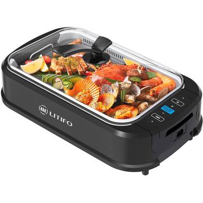 Litifo Smokeless Grill, Portable Electric Grill with Non-Stick Coating, Removable Dishwasher-Safe Plate, Tempered Glass Lid