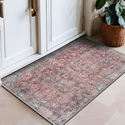 World Rug Gallery Transitional Bordered Vintage Machine Washable Non Slip Area Rug