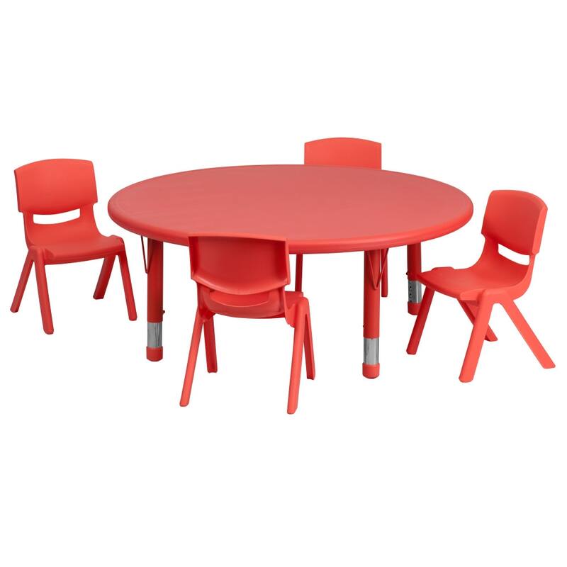 45" Round Plastic Height Adjustable Activity Table Set with 2 or 4 Chairs - 4 chairs - Red