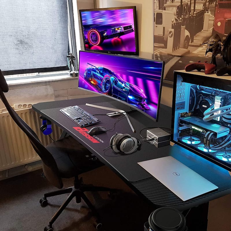 BOSSIN Ergonomic Gaming Desk Z-Shaped Office PC Computer Desk Gamer Tables with Cup Holder and Headphone Hook