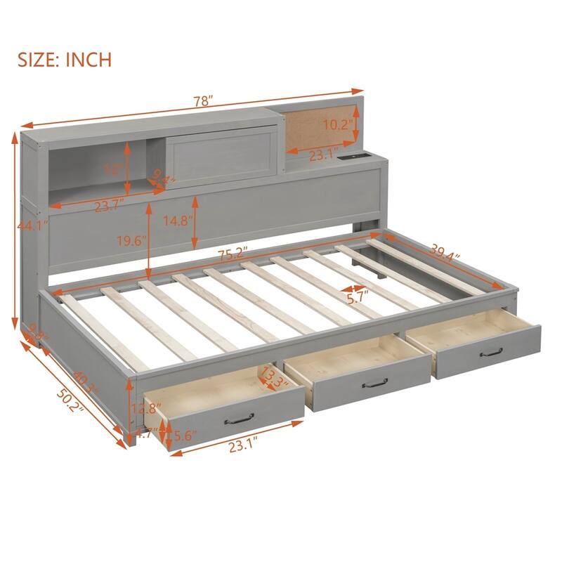 Modern Wooden Daybed with 3 Storage Drawers and USB Ports