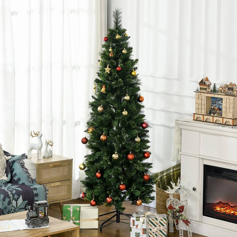 HOMCOM 6ft Tall Pencil Artificial Christmas Tree Holiday Décor with 618 Branches, Auto Open, Steel Base, Pine Needles, Green - 6 Foot - Green