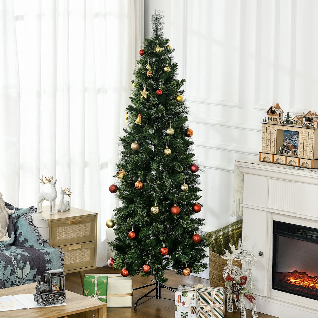 HOMCOM 6ft Tall Pencil Artificial Christmas Tree Holiday Décor with 618 Branches, Auto Open, Steel Base, Pine Needles, Green