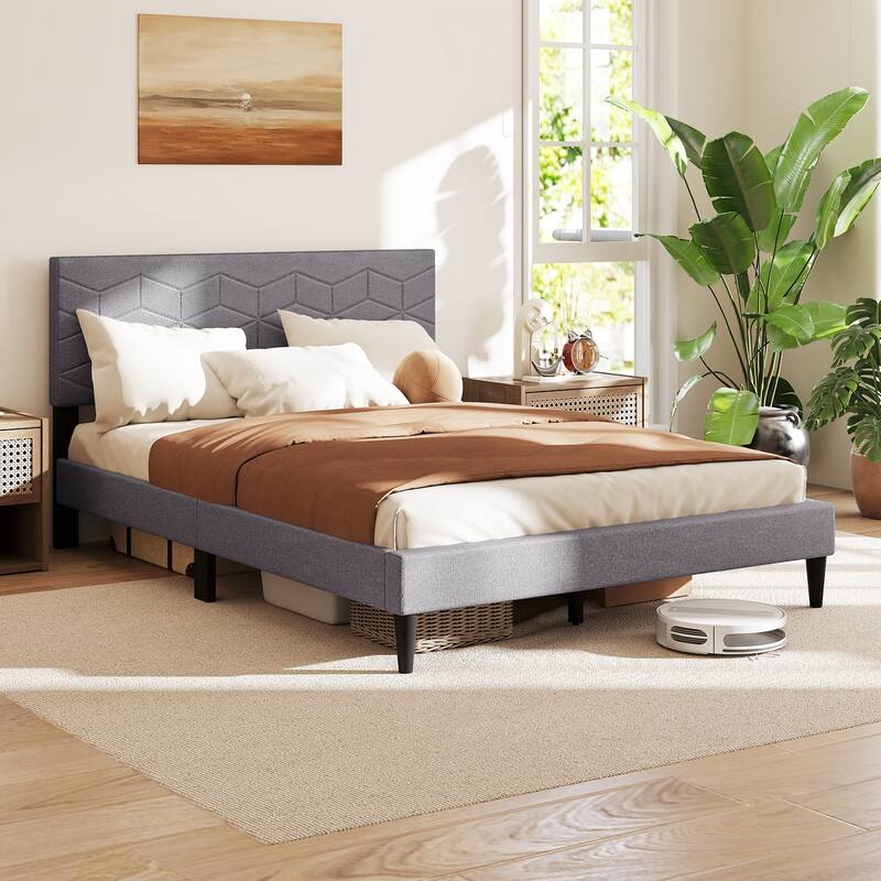 Grey Upholstered Bed Frame with Linen Headboard and Low-Profile Design Box-Spring-Free Setup