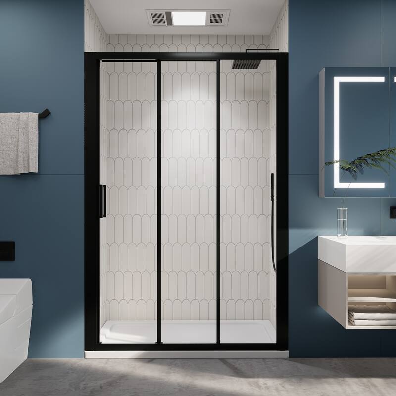 3-Panel Sliding Framed Shower Door in Matte Black Finish - 54"x70"