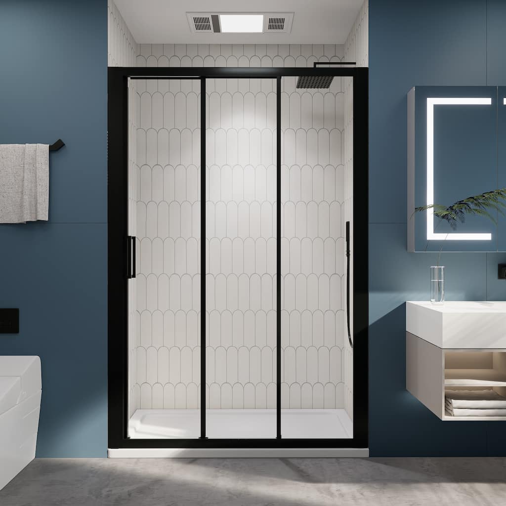 3-Panel Sliding Framed Shower Door in Matte Black Finish