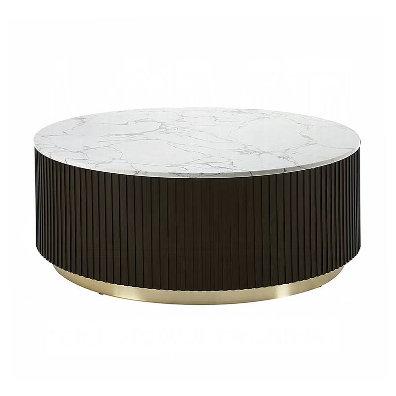 Round Coffee Table with Faux Marble Top in White and Espresso - White/Espresso - Marble