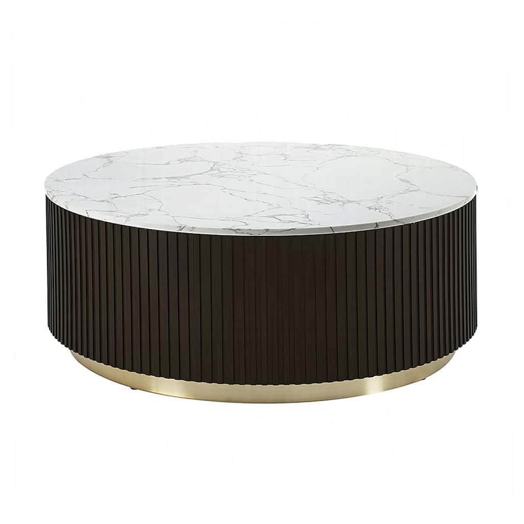 Round Coffee Table with Faux Marble Top in White and Espresso