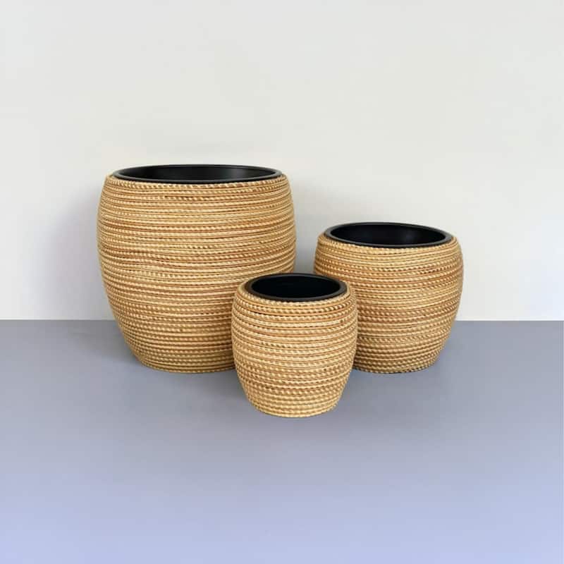 Alpine Corporation 18in Tall Poly Rattan Planter Set of 3 with Removable Inserts, Durable Resin Wicker-Style Outdoor Planters