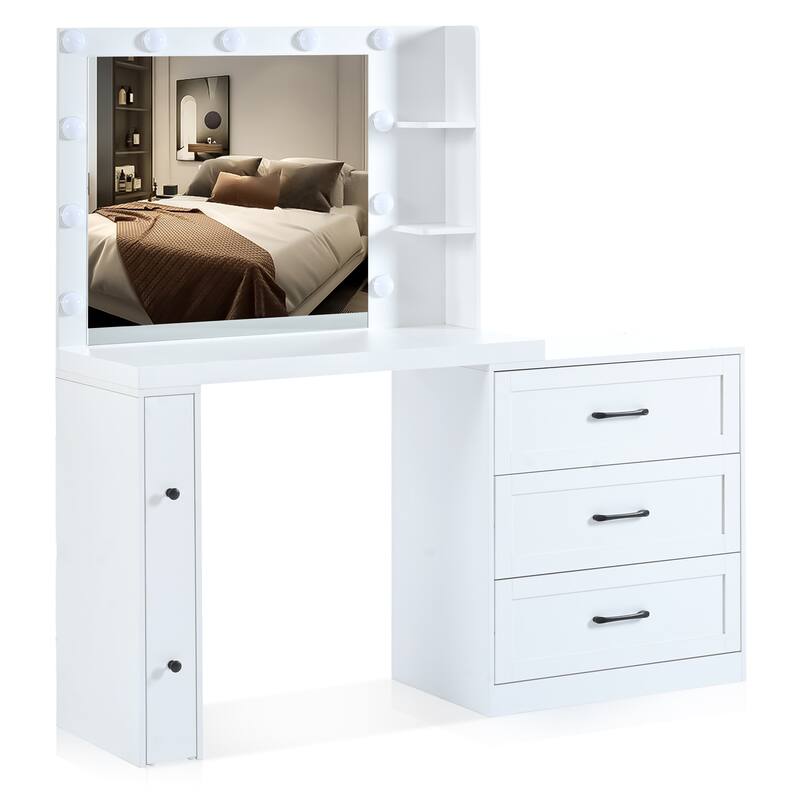 55.2" Vanity Desk with Freely Adjustable Side Cabinet, Makeup Vanity with Hollywood Lights, Bedroom Storage Dressing Table