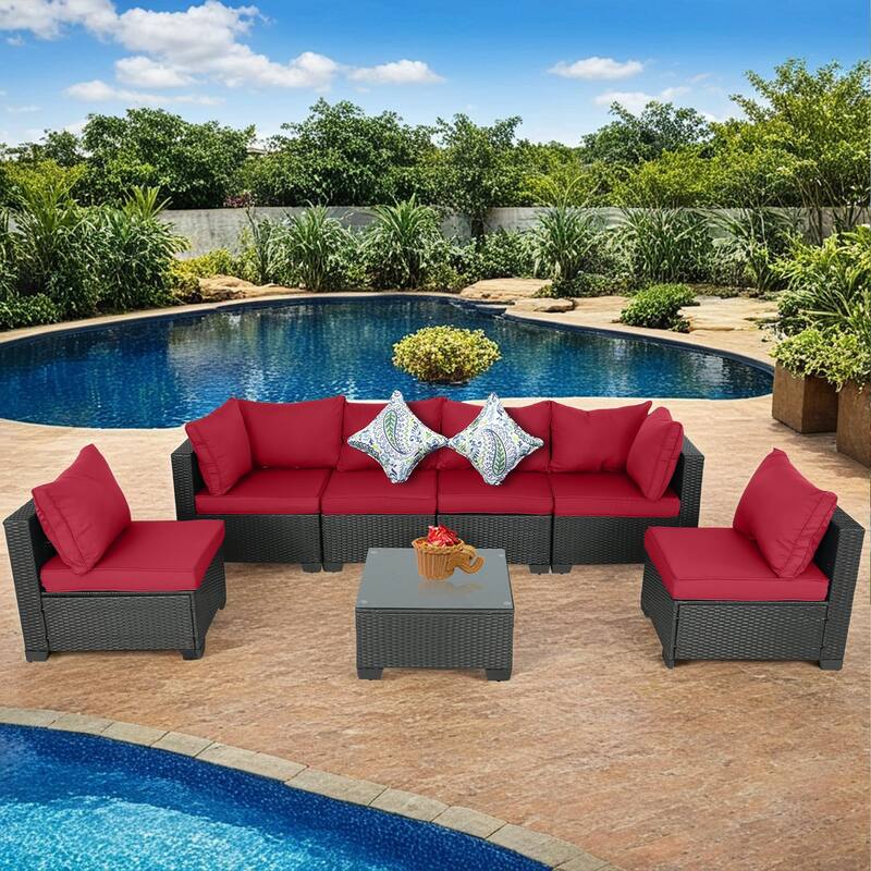 7-Piece Wicker Outdoor Sectional Set with Glass Table and Cushions