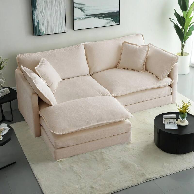 3-Piece Modular Chenille Upholstered L-Shaped Sectional Sofa with Ottoman - Beige